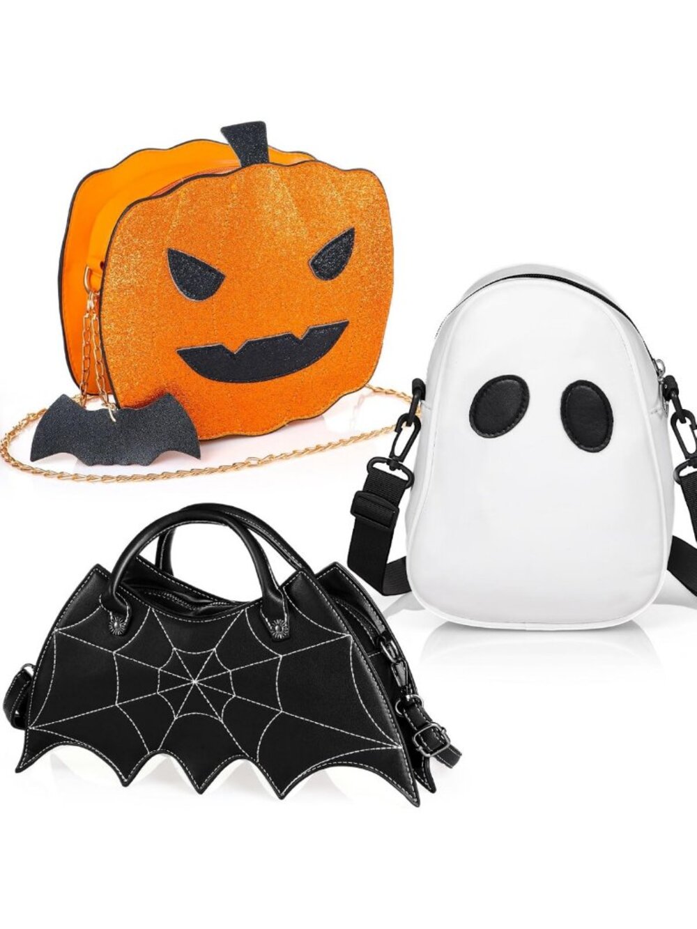 3-Piece Halloween PU Leather Bat & Spider Web Shoulder Bag Set - Spooky Style!